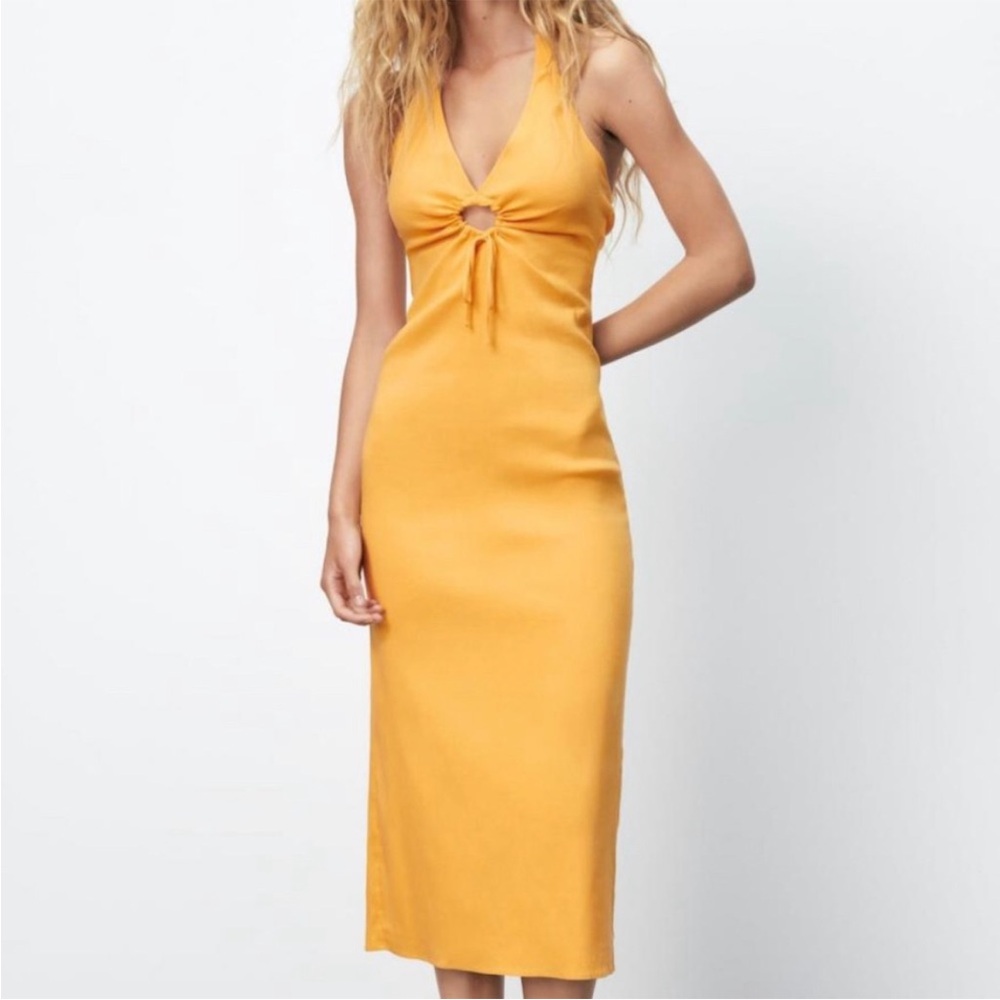 ZARA Midi Halter Linen Cutout Dress
